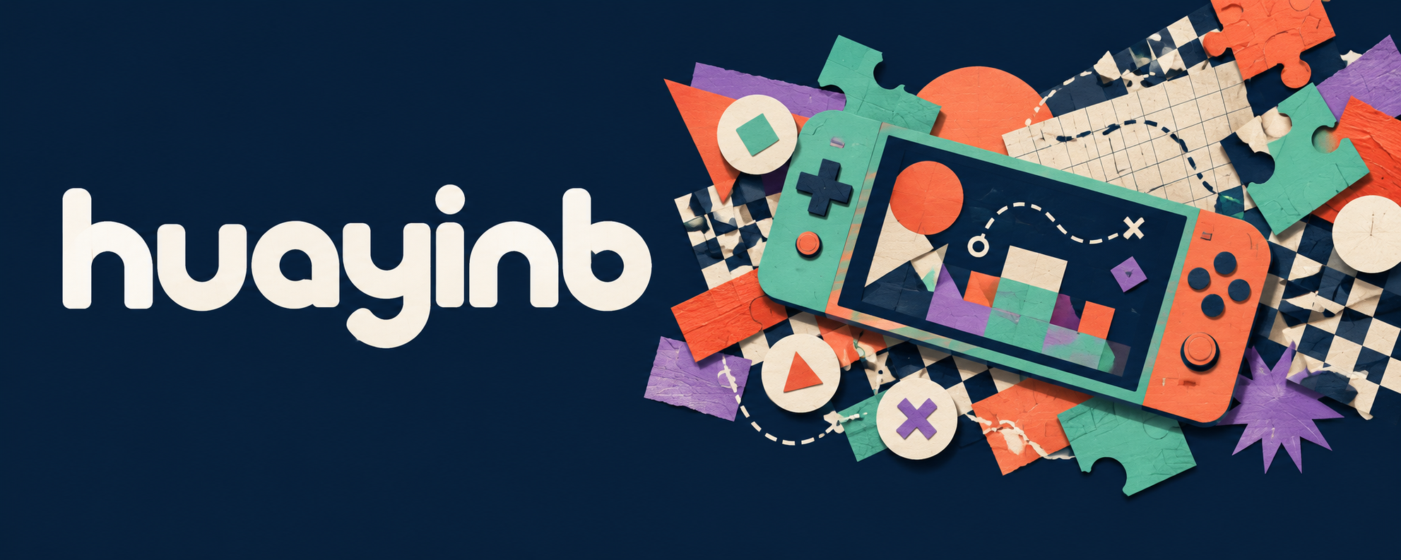 huayinb game workshop collage with a handheld console and colorful geometric puzzle pieces
